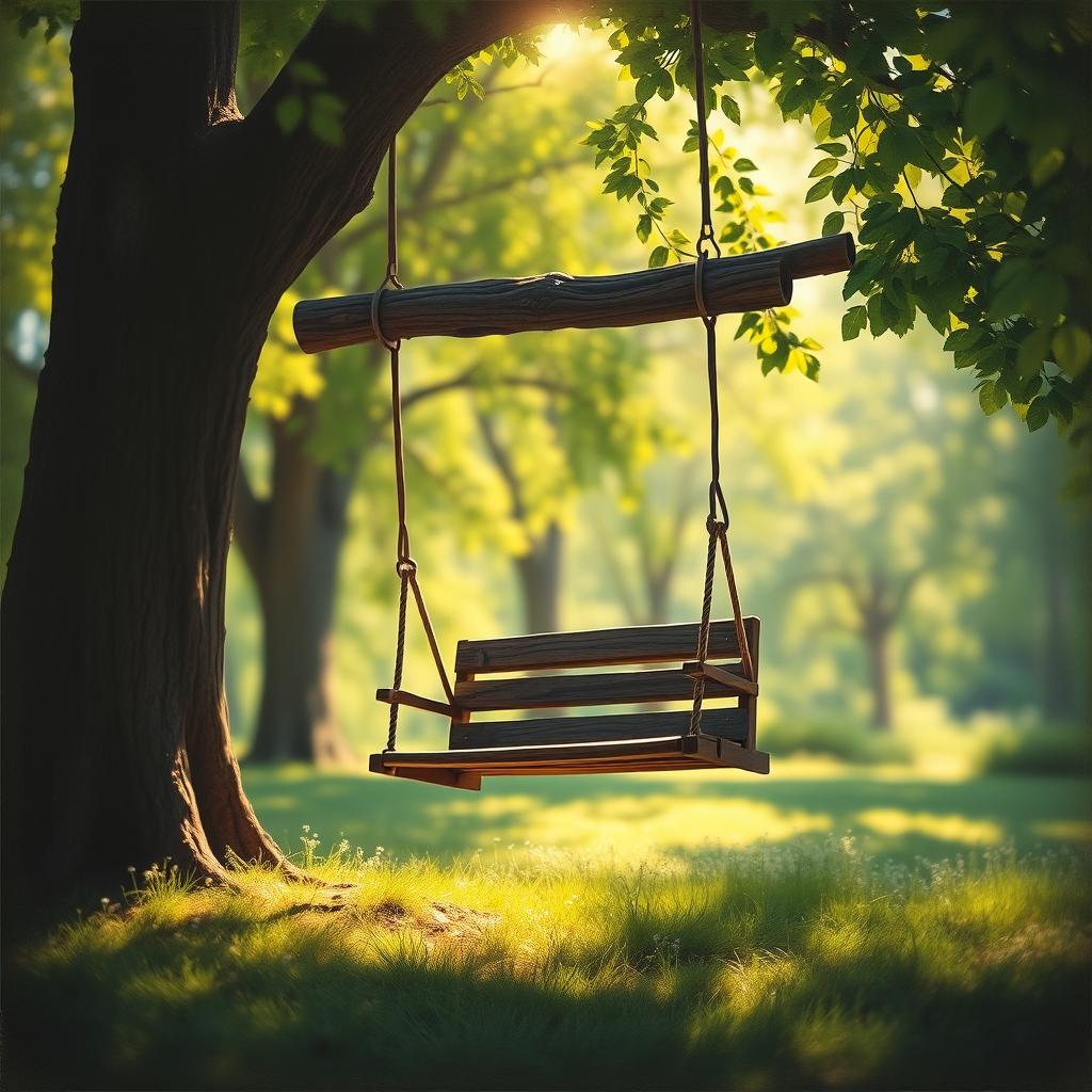 A beautifully painted album cover depicting a serene scene of a wooden swing hanging from a sturdy tree, surrounded by lush green foliage