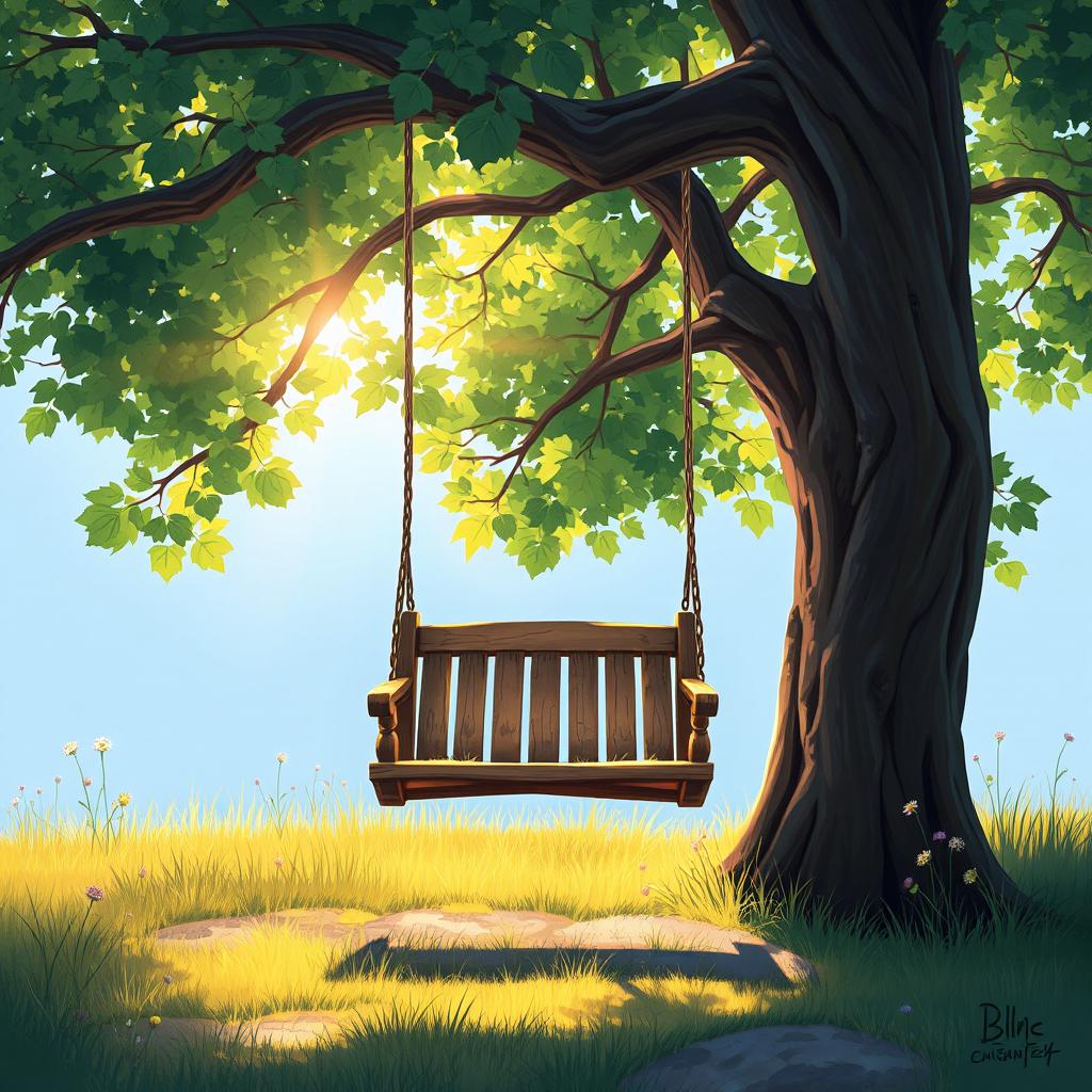 A vibrant 2D painting art style depicting a serene scene of a wooden swing hanging from a large tree