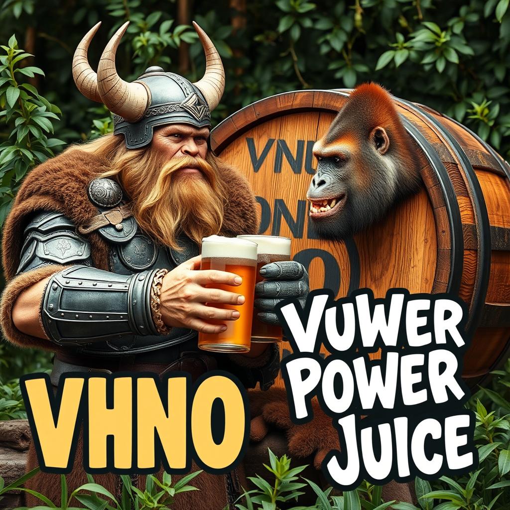 A Viking and a gorilla both clad in ornate armor, sharing a jovial moment as they drink beer together