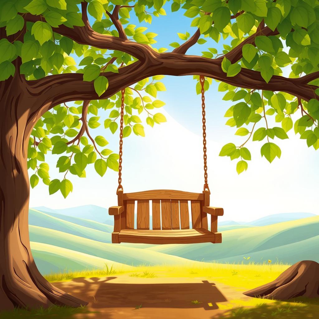 A whimsical 2D cartoon painting style featuring a beautiful wooden swing hanging from a sturdy tree branch, surrounded by lush green leaves