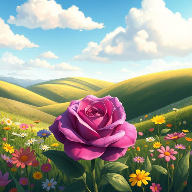 A vibrant 2D cartoon painting featuring a stunning purple rose blooming in a lush green valley