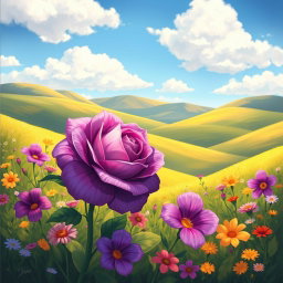 A vibrant 2D cartoon painting featuring a stunning purple rose blooming in a lush green valley