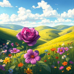 A vibrant 2D cartoon painting featuring a stunning purple rose blooming in a lush green valley