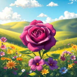 A vibrant 2D cartoon painting featuring a stunning purple rose blooming in a lush green valley
