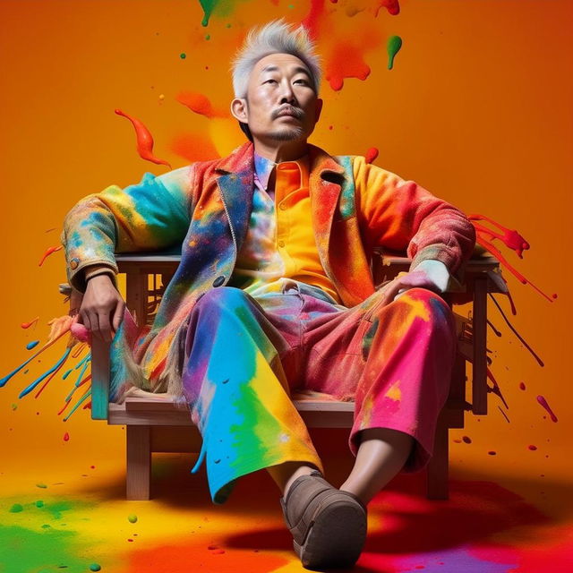 A 50-year-old Asian male model, adorned in full rainbow conceptwear, reclining gracefully atop a canvas painted with vibrant splashes of colour.