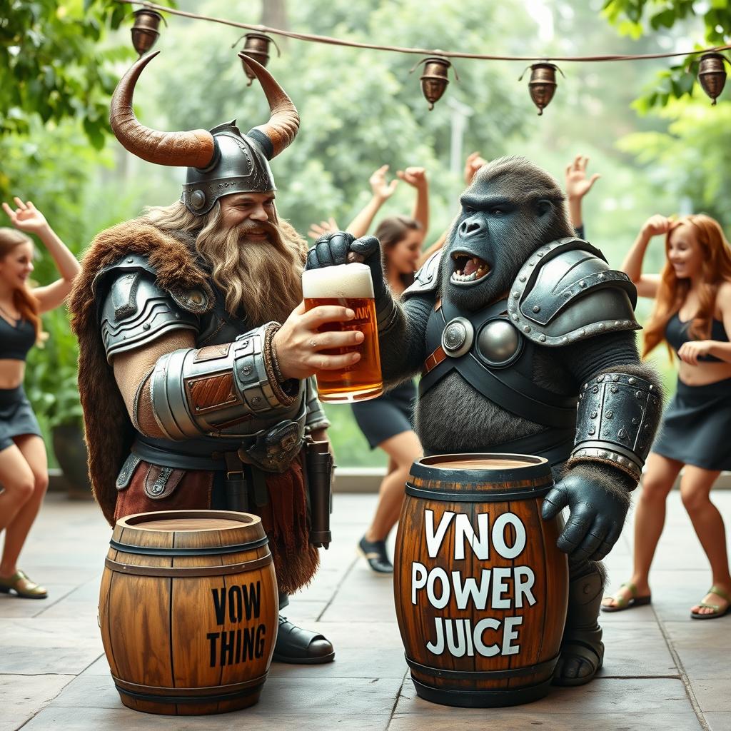 A lively scene featuring a Viking and a gorilla clad in impressive armor, sharing a joyful moment as they drink beer together