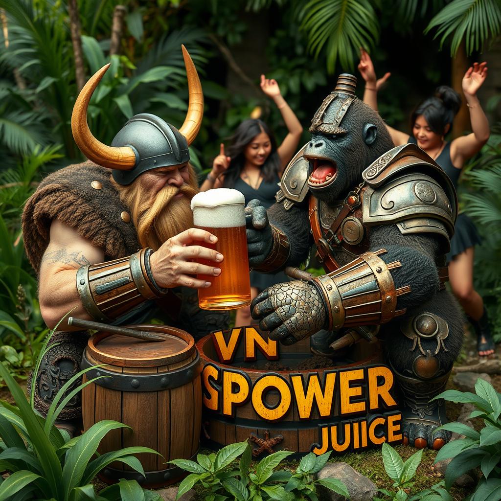 A fierce Viking, showcasing a strong and determined look, and an armored gorilla, both enjoying a hearty moment as they drink beer together