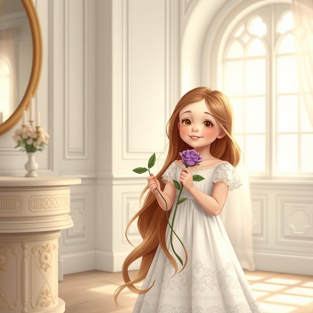 A beautifully illustrated scene in the Gospel art style featuring a little girl with long, flowing brown hair holding a delicate purple rose