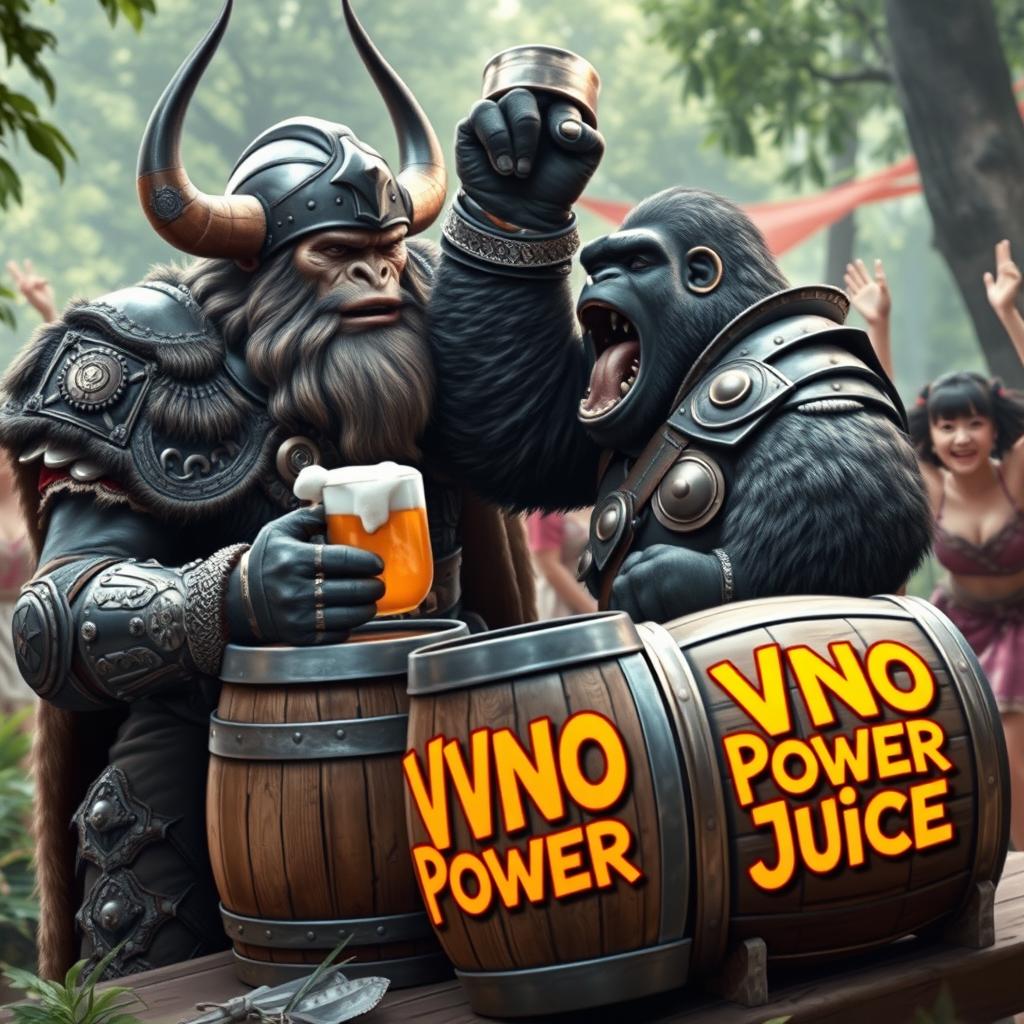 An exciting scene featuring a fierce Viking, with a fierce expression and elaborate horned helmet, and a gorilla clad in ornate armor, both sharing a moment of camaraderie as they drink beer together