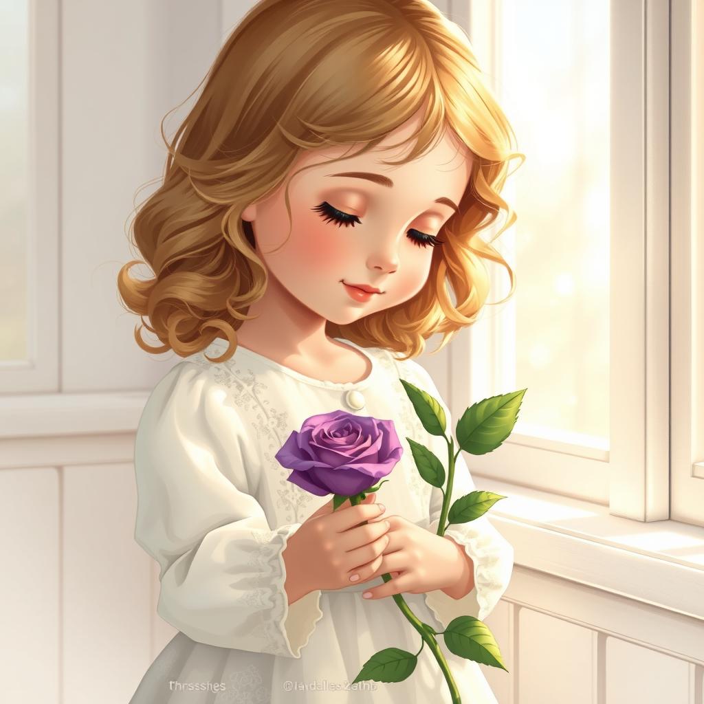 A beautifully illustrated scene in the Gospel art style depicting a little girl with wavy light brown hair, tenderly holding a vibrant purple rose