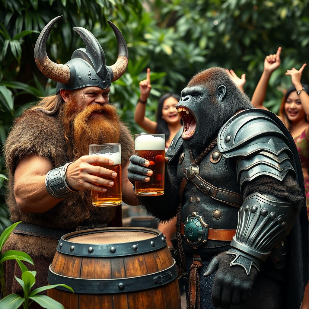 An entertaining scene featuring a fierce Viking, characterized by a rugged look and wearing an ornate horned helmet, alongside a gorilla dressed in striking armor
