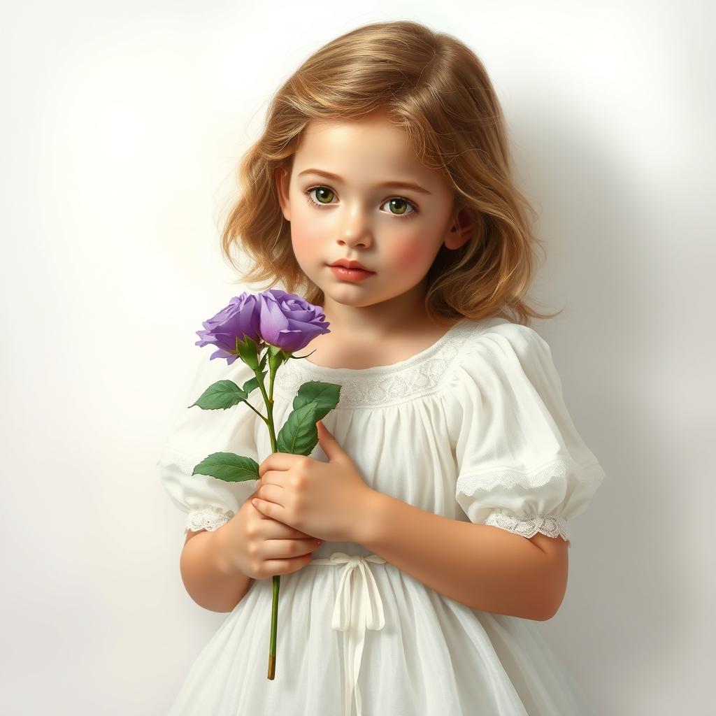 A beautiful gospel artstyle depiction of a little girl holding a delicate purple rose, wearing a flowing white dress
