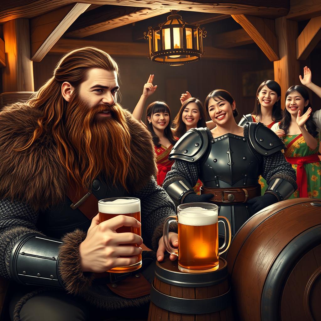 A handsome Viking with long brown hair and a thick beard, wearing traditional Viking armor, sitting next to a large, friendly gorilla clad in medieval armor, both enjoying mugs of beer