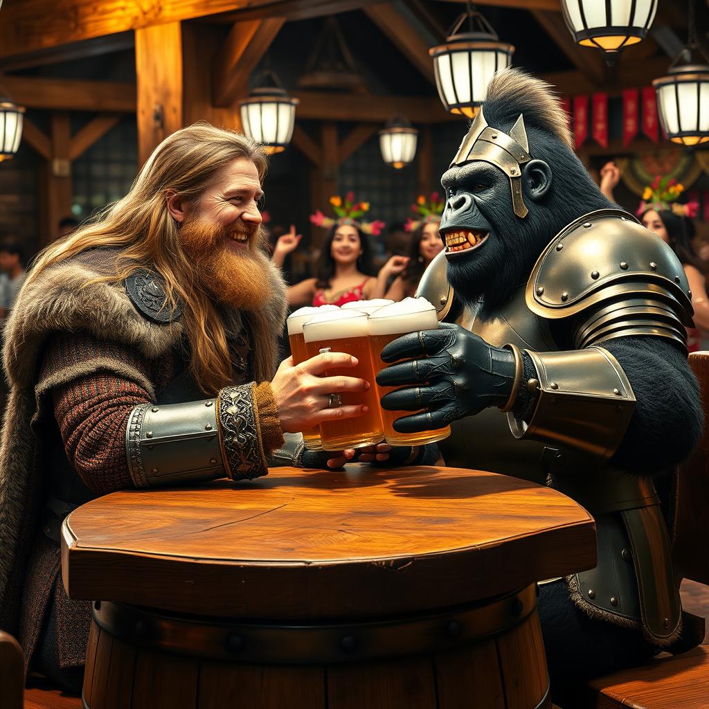 A handsome Viking with long, flowing hair and a well-groomed beard, wearing intricately designed Viking armor, sharing a laugh with a large, friendly gorilla dressed in shiny medieval armor
