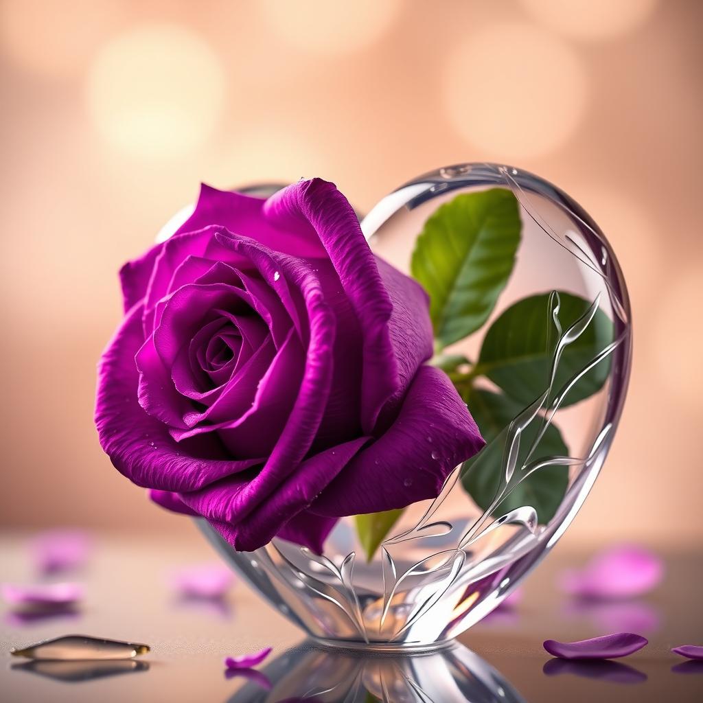A beautifully detailed image of a vibrant purple rose blooming from a delicately crafted glass heart