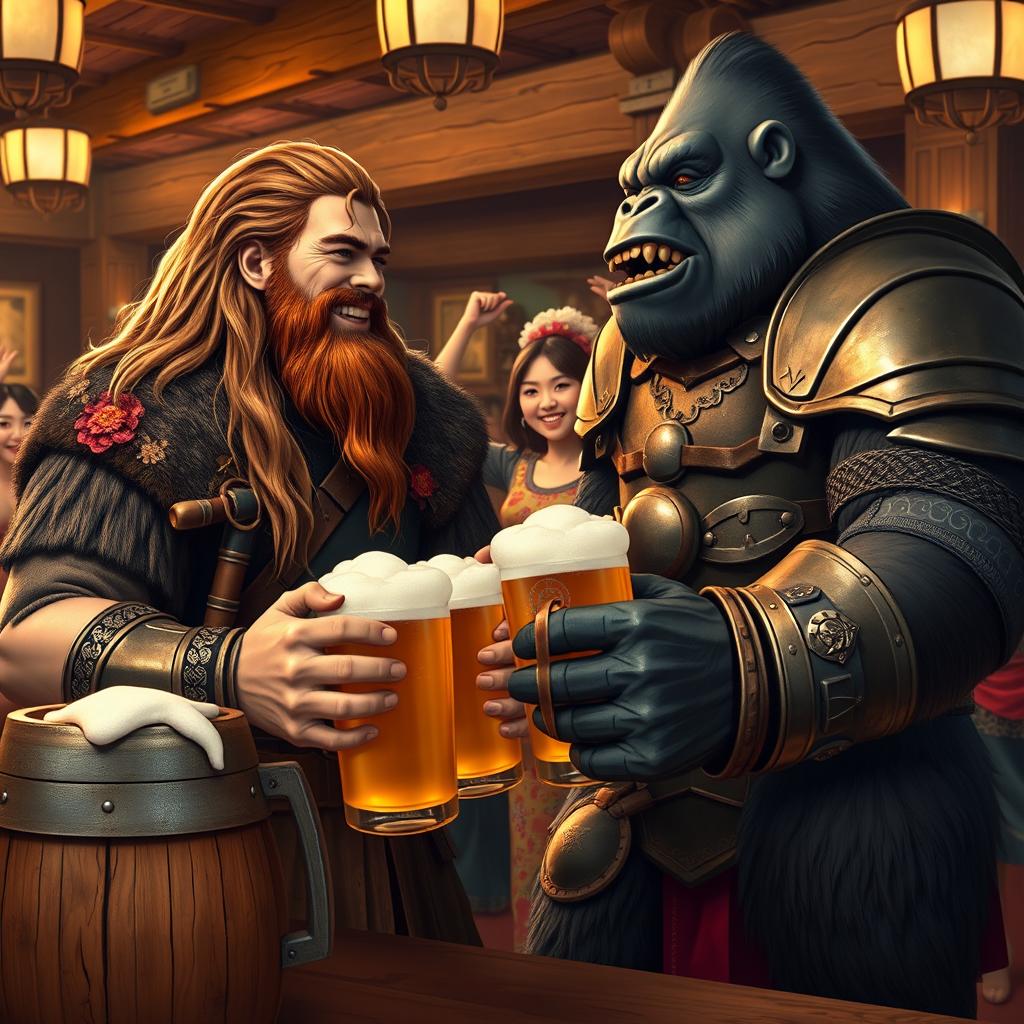 A scene featuring a handsome Viking with long flowing hair and a well-kept beard, wearing intricate armor, sharing a hearty laugh with a large, muscular gorilla clad in ornate armor