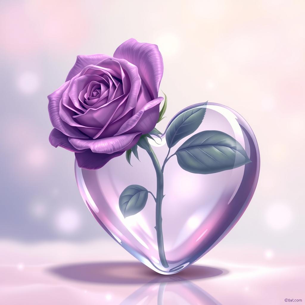 A beautiful manga-style illustration of a single purple rose growing from a delicate glass heart
