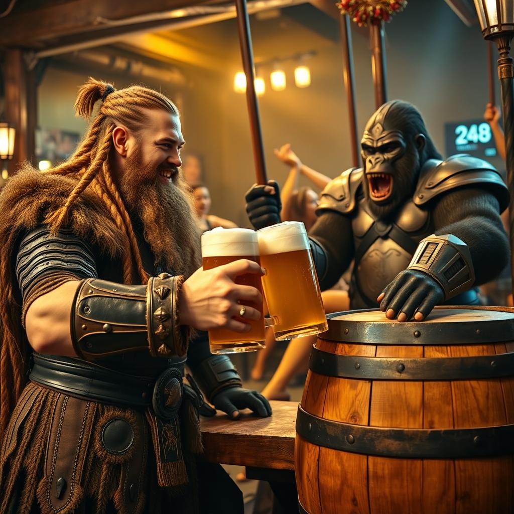 A lively scene showcasing a handsome Viking with long braided hair and a well-groomed beard, wearing ornate armor, joyfully clinking oversized beer mugs with a large, muscular gorilla dressed in impressive armor
