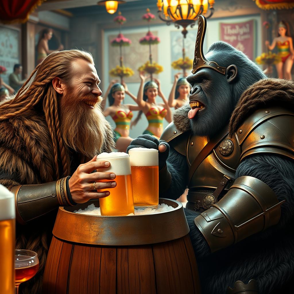 A vibrant scene depicting a handsome Viking with long braided hair and a meticulously groomed beard, clad in elaborately detailed armor, laughing and sharing beers with a large, muscular gorilla dressed in impressive armor