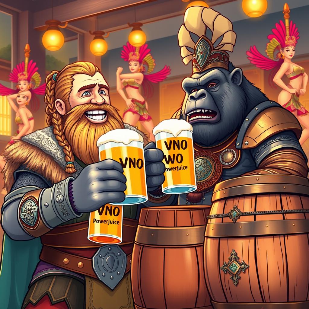 A vibrant illustration featuring a handsome Viking with braided hair and a meticulous beard, clad in decorative armor, joyfully sharing beers with a large, powerful gorilla dressed in beautifully crafted armor