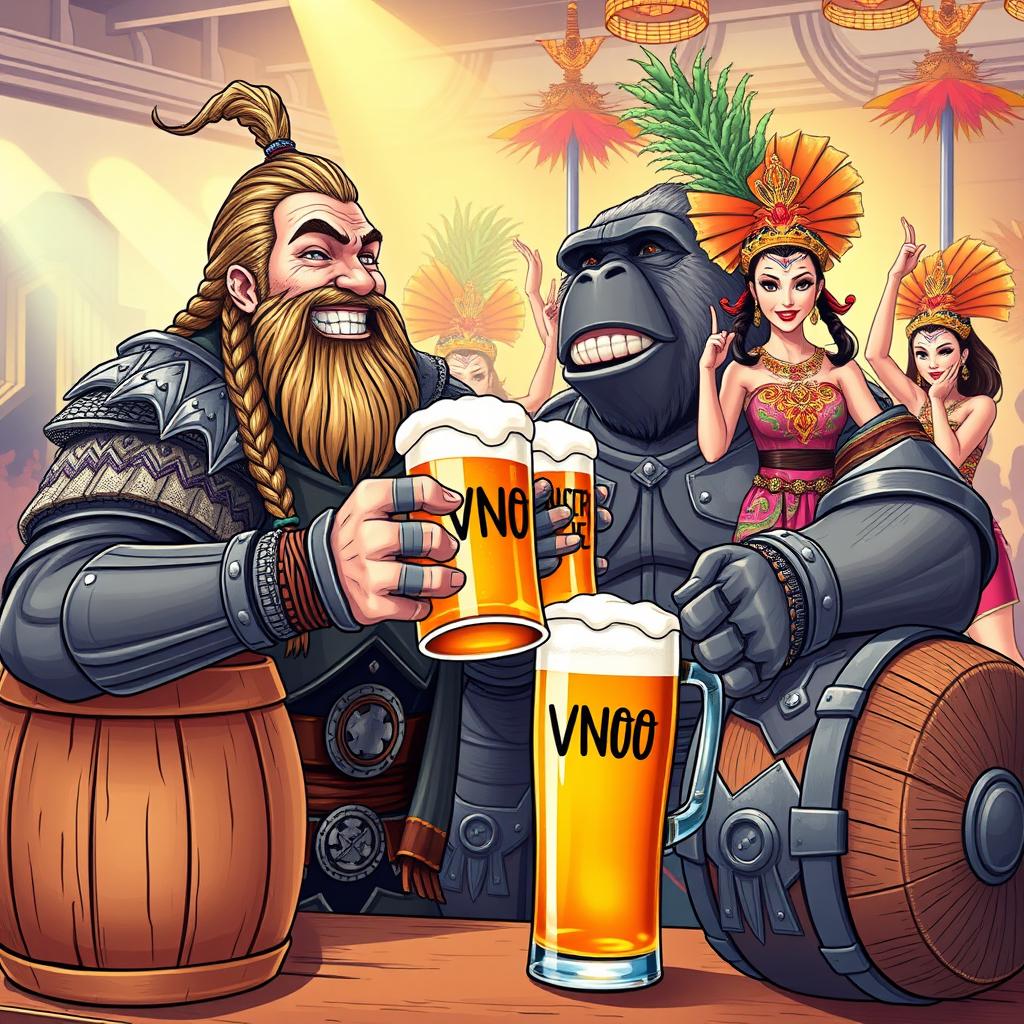 A colorful illustration depicting a handsome Viking with long braided hair and a well-groomed beard, dressed in ornate armor, joyfully sharing beers with a large, impressive gorilla clad in custom armor