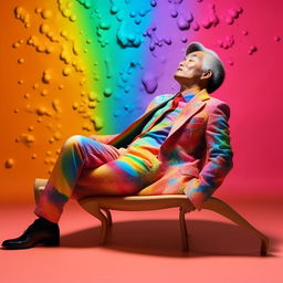 A 50-year-old Asian male model, adorned in full rainbow conceptwear, reclining gracefully atop a canvas painted with vibrant splashes of colour.