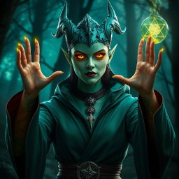 A female dragonborn Warlock with emerald green skin, adorned in mystical robes adorned with arcane symbols