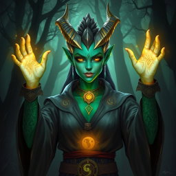 A female dragonborn Warlock with emerald green skin, adorned in mystical robes adorned with arcane symbols
