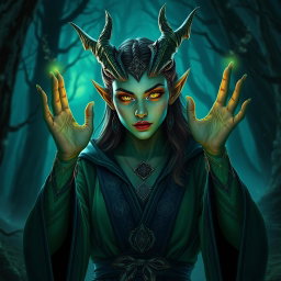 A female dragonborn Warlock with emerald green skin, adorned in mystical robes adorned with arcane symbols