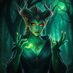 A female dragonborn Warlock with emerald green skin, adorned in mystical robes adorned with arcane symbols