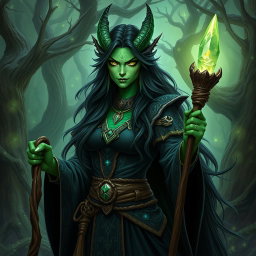 A female dragonborn Warlock with striking emerald green skin, clad in ornate dark robes adorned with mystical symbols and shimmering accents
