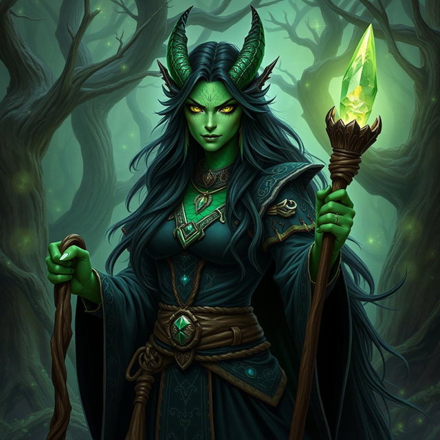 A female dragonborn Warlock with striking emerald green skin, clad in ornate dark robes adorned with mystical symbols and shimmering accents