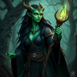 A female dragonborn Warlock with striking emerald green skin, clad in ornate dark robes adorned with mystical symbols and shimmering accents
