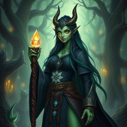 A female dragonborn Warlock with striking emerald green skin, clad in ornate dark robes adorned with mystical symbols and shimmering accents