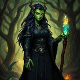 A female dragonborn Warlock with striking emerald green skin, clad in ornate dark robes adorned with mystical symbols and shimmering accents
