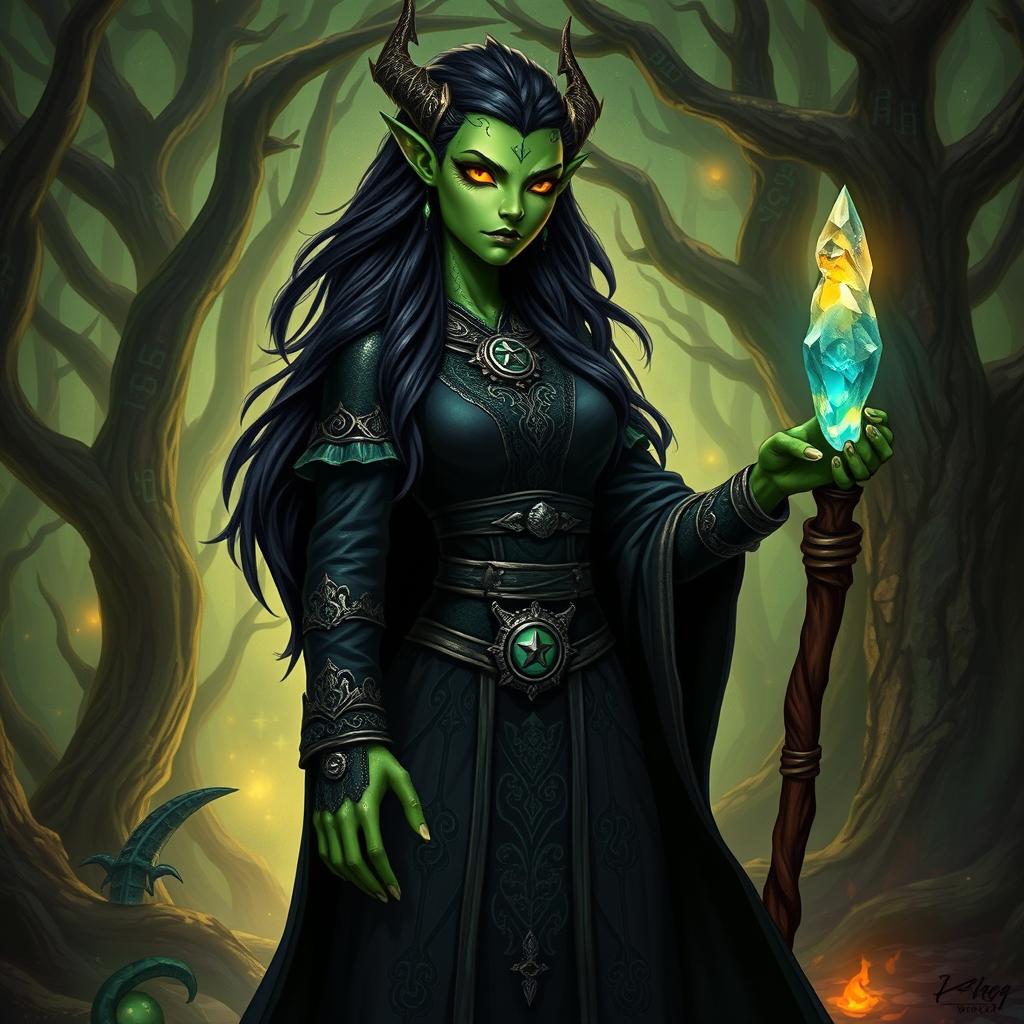 A female dragonborn Warlock with striking emerald green skin, clad in ornate dark robes adorned with mystical symbols and shimmering accents