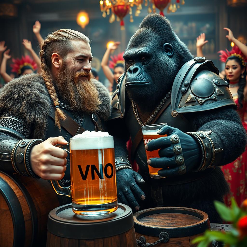 A lively scene featuring a handsome Viking with long braided hair and a neatly kept beard, dressed in intricate armor, sharing a moment of camaraderie with a large, muscular gorilla adorned in impressive armor