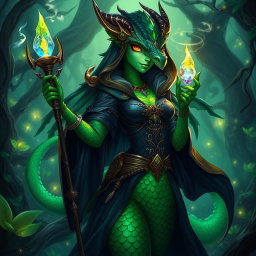 A female dragonborn Warlock character with emerald green skin, showcasing intricate scales reflecting light in a vibrant manner