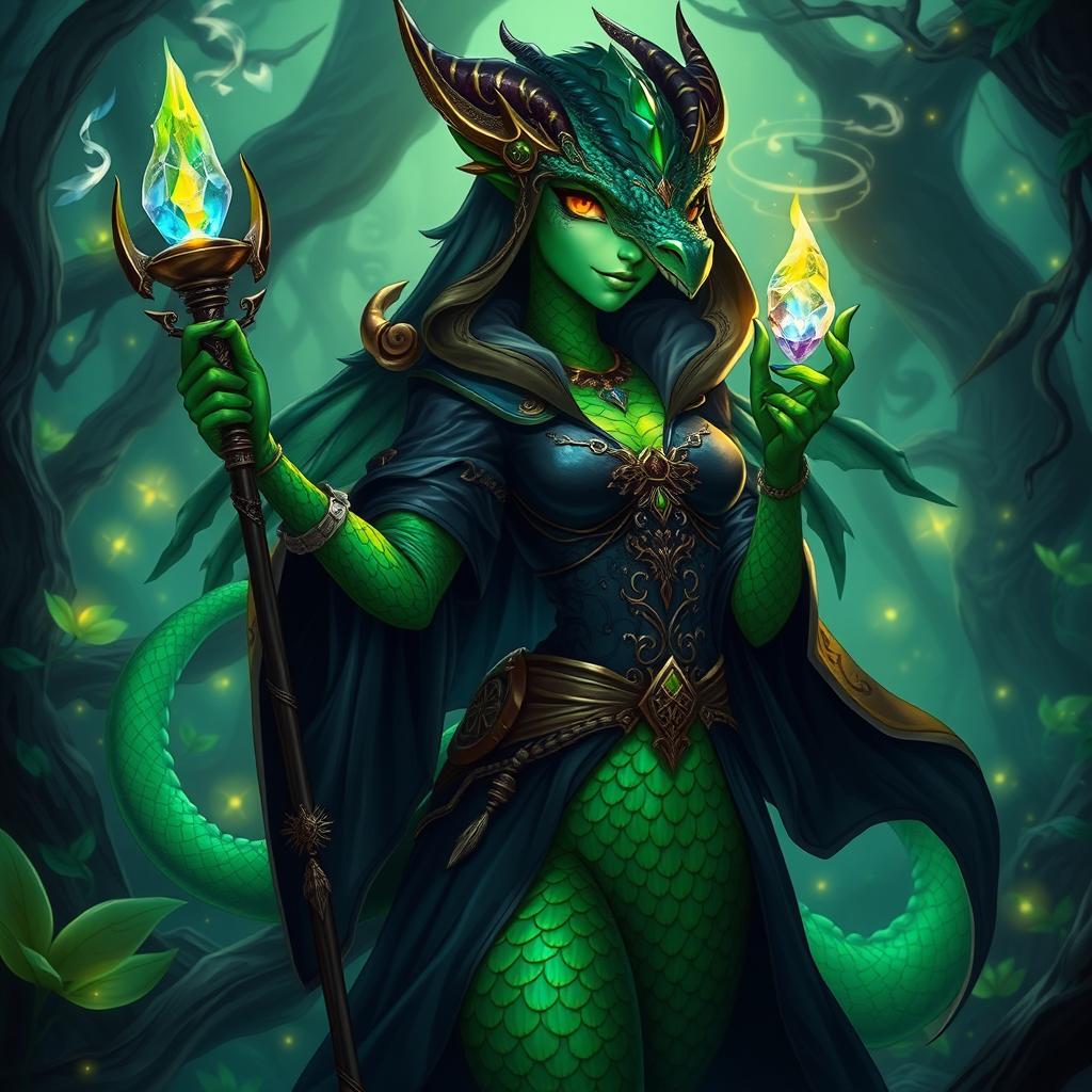 A female dragonborn Warlock character with emerald green skin, showcasing intricate scales reflecting light in a vibrant manner