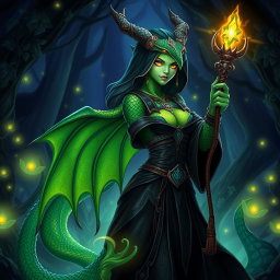 A female dragonborn Warlock character with emerald green skin, showcasing intricate scales reflecting light in a vibrant manner