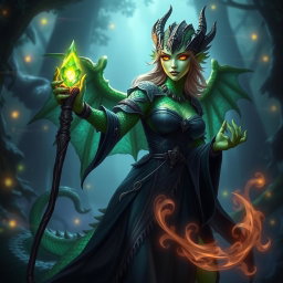 A female dragonborn Warlock character with emerald green skin, showcasing intricate scales reflecting light in a vibrant manner
