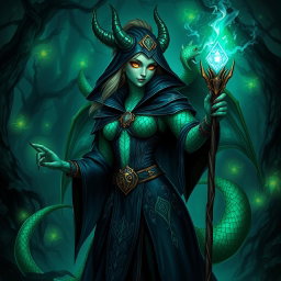 A female dragonborn Warlock character with emerald green skin, showcasing intricate scales reflecting light in a vibrant manner