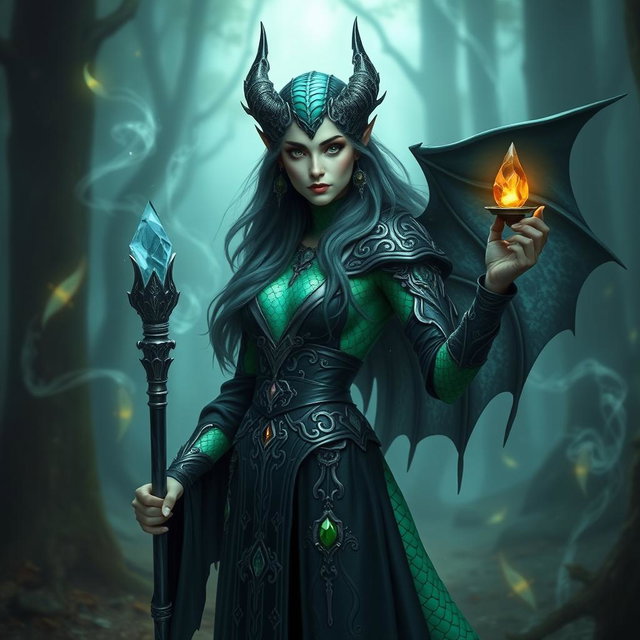 A female dragonborn warlock with emerald green scales featuring an iridescent pattern on her arms and spine