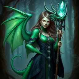 A female dragonborn warlock with emerald green scales featuring an iridescent pattern on her arms and spine