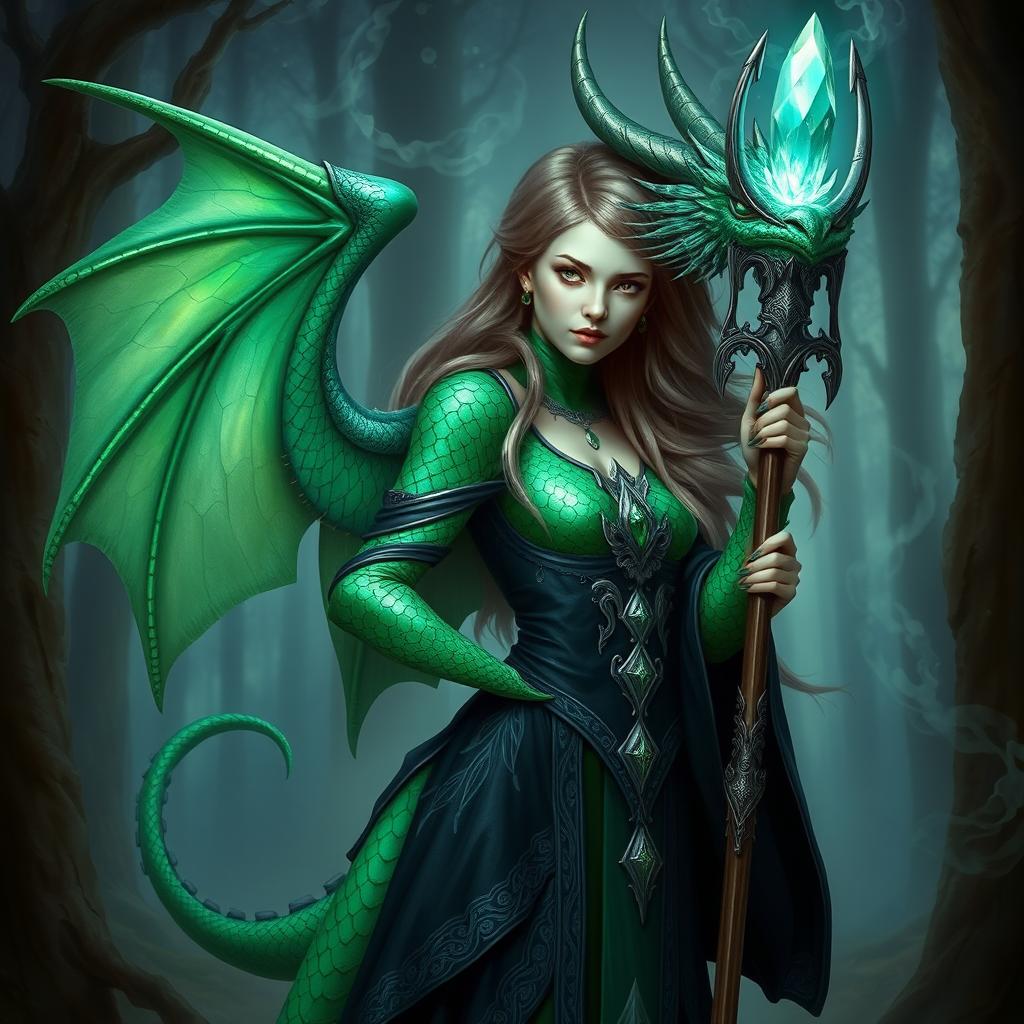 A female dragonborn warlock with emerald green scales featuring an iridescent pattern on her arms and spine