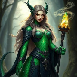 A female dragonborn warlock with emerald green scales featuring an iridescent pattern on her arms and spine