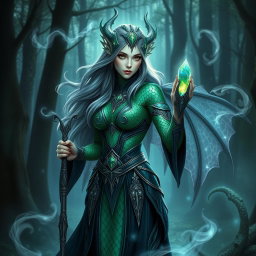 A female dragonborn warlock with emerald green scales featuring an iridescent pattern on her arms and spine