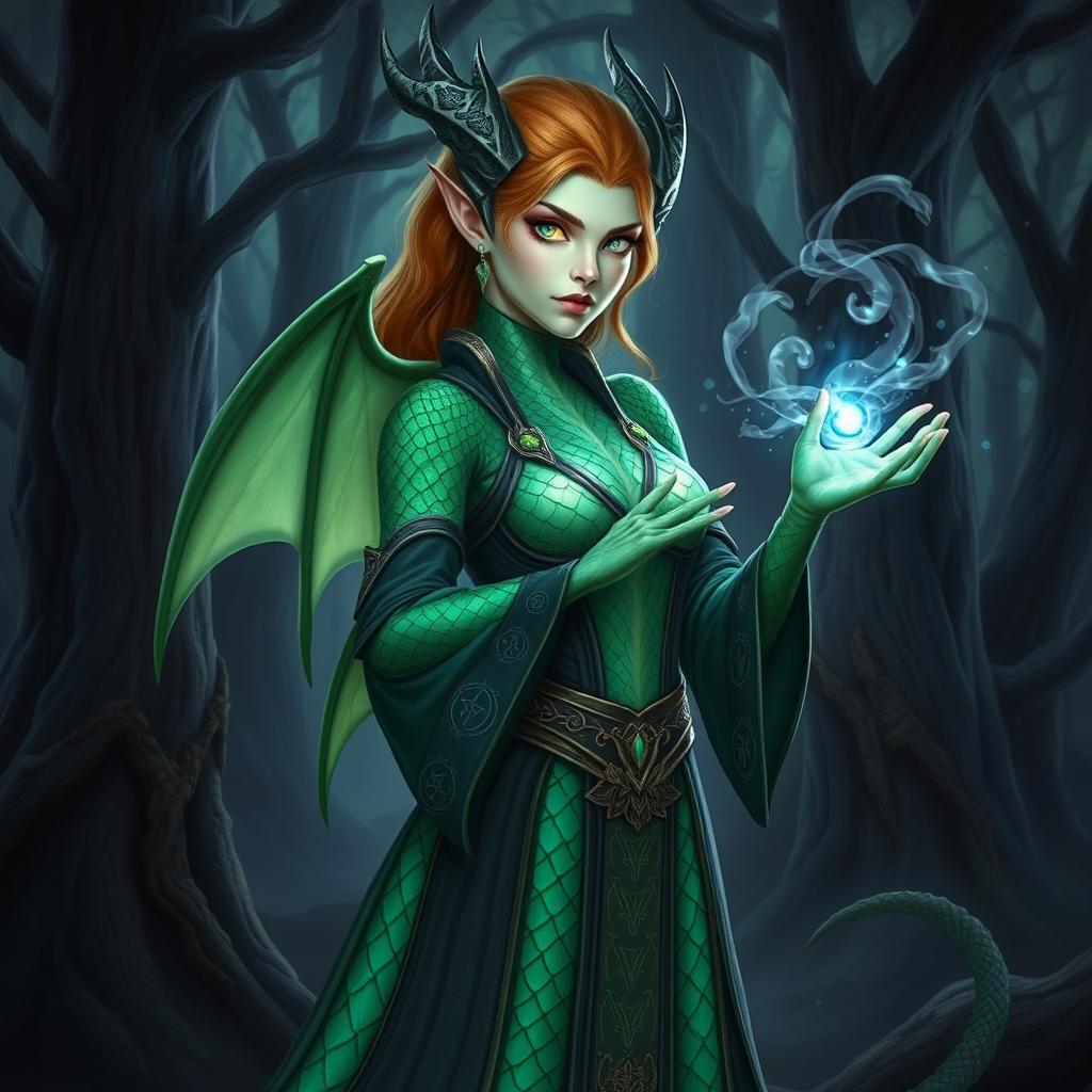 A female dragonborn Warlock with emerald green scales adorned with an iridescent pattern running along her arms and spine
