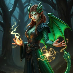 A female dragonborn Warlock with emerald green scales adorned with an iridescent pattern running along her arms and spine