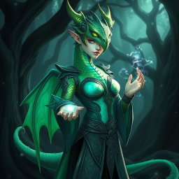 A female dragonborn Warlock with emerald green scales adorned with an iridescent pattern running along her arms and spine